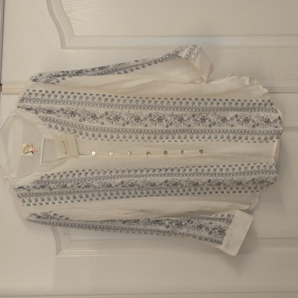 Fig and Flower Anthropologie Blouse Tunic Peasant White Blue Long Tab Sleeve Lg